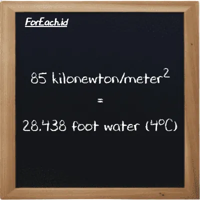 How to convert kilonewton/meter<sup>2</sup> to foot water (4<sup>o</sup>C): 85 kilonewton/meter<sup>2</sup> (kN/m<sup>2</sup>) is equivalent to 85 times 0.33456 foot water (4<sup>o</sup>C) (ftH2O)